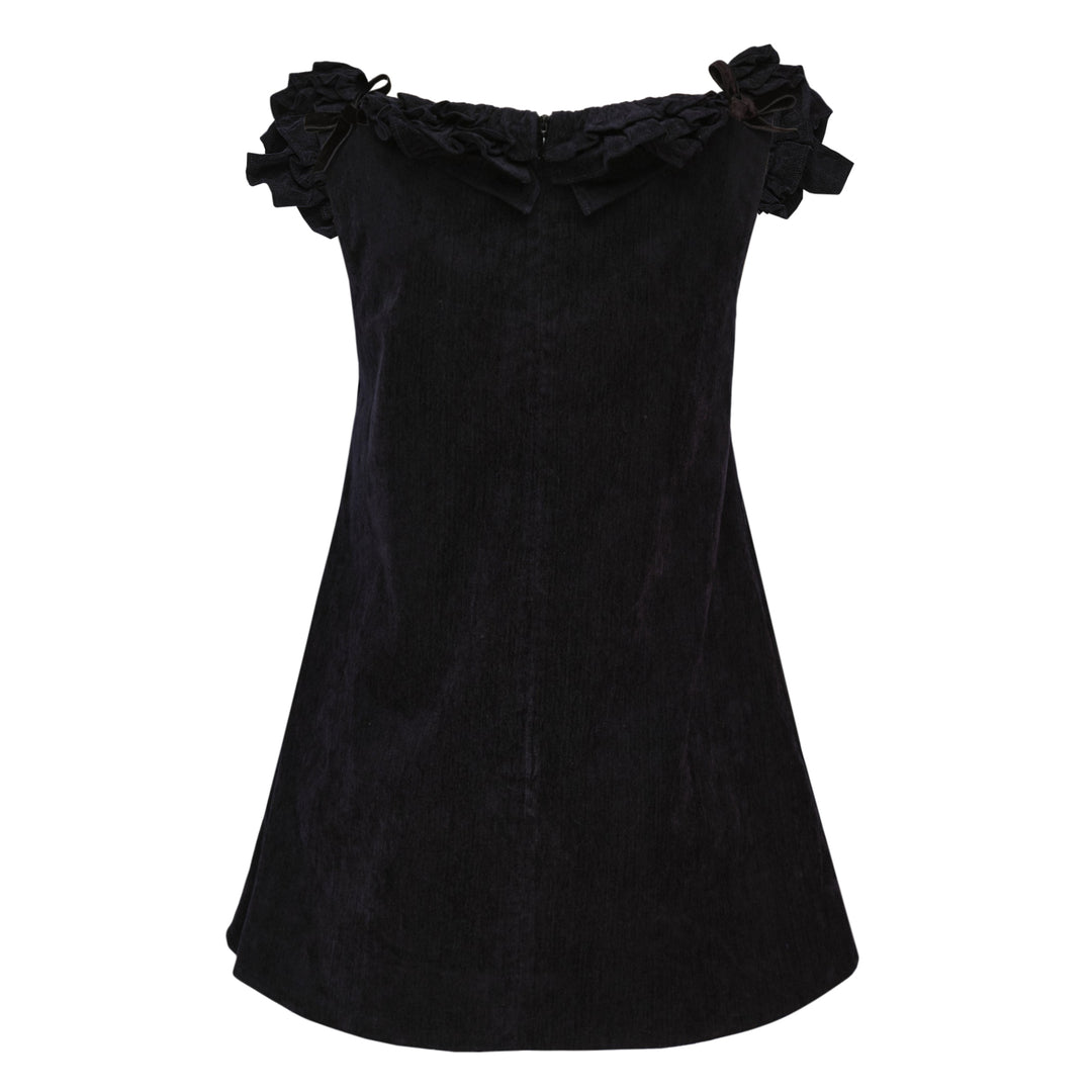 SHUSHU/TONG deep navy velvet mini dress with tiered ruffle off-shoulder neckline, bow accents, and A-line silhouette, shown from the back