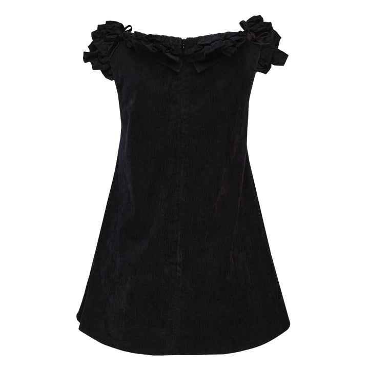 SHUSHU/TONG deep navy velvet mini dress with tiered ruffle off-shoulder neckline, bow accents, and A-line silhouette, shown from the back
