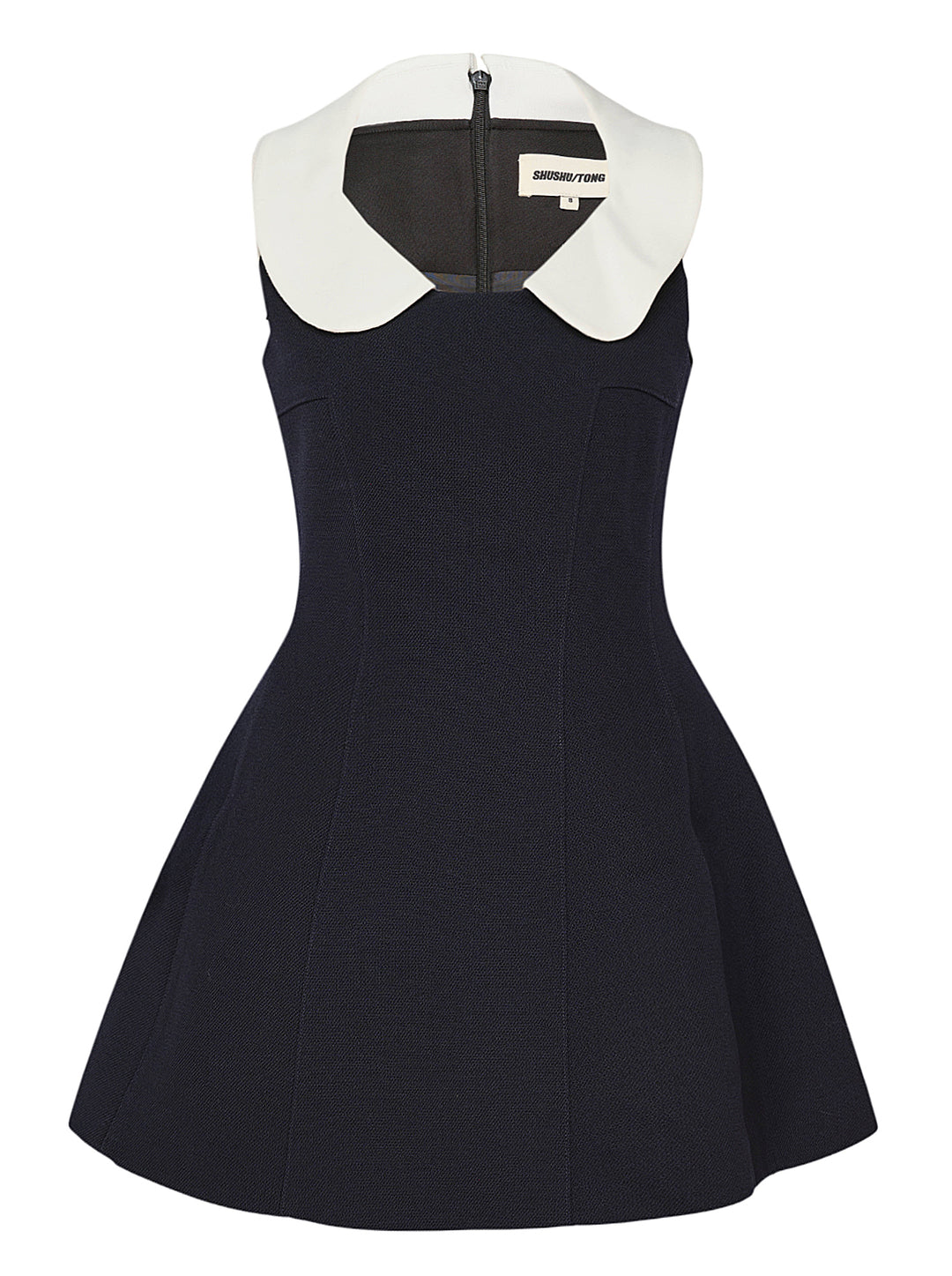 SHUSHU/TONG navy structured mini dress with oversized white Peter Pan collar, fitted bodice, flared A-line skirt, and back zip closure