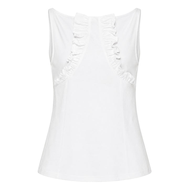 SHUSHU/TONG white sleeveless fitted top with twin vertical ruffle trim detailing running from the neckline toward the waist, shown from the front against a white background