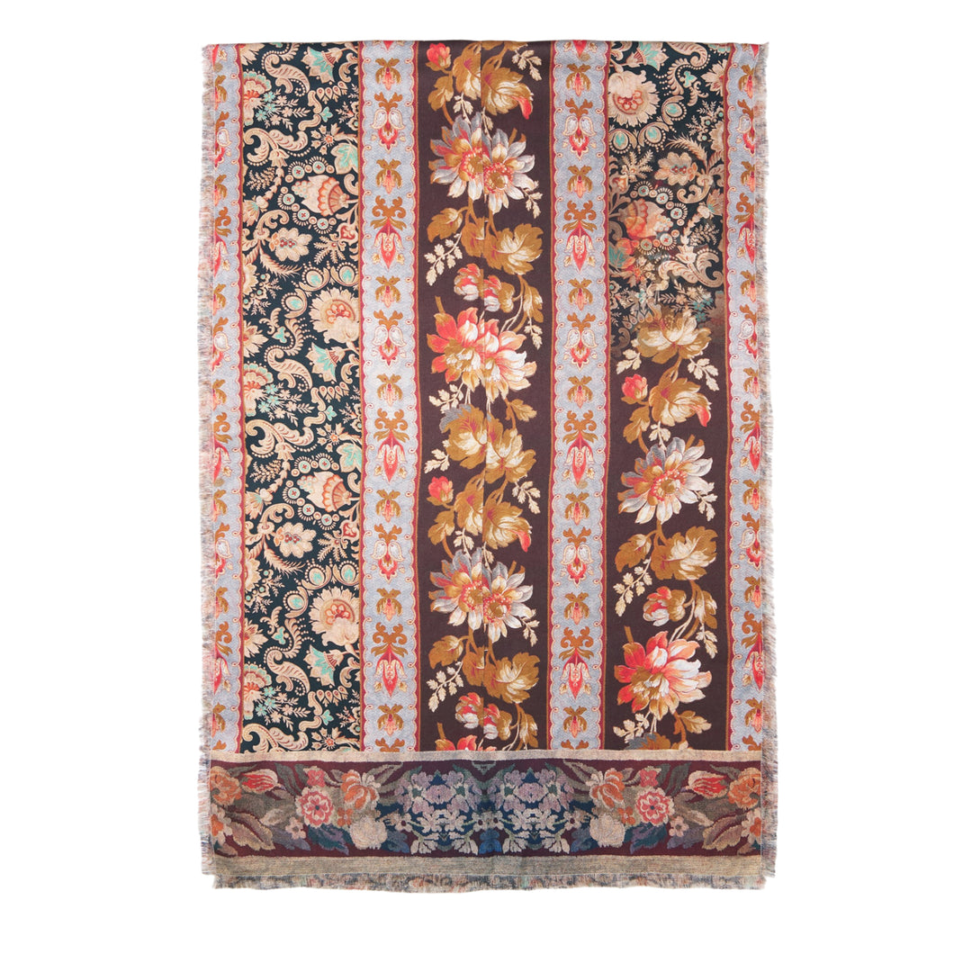Pierre-Louis Mascia Fancy floral printed scarf laid flat, showing vertical stripe composition with botanical bouquets on teal and burgundy grounds, pale blue ornamental borders, and fringe trim at the hem