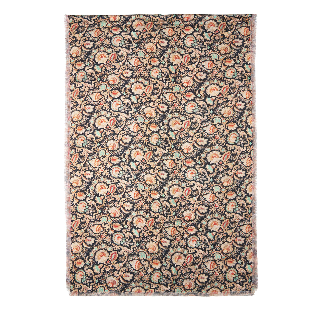 Pierre-Louis Mascia Fancy floral printed scarf laid flat, showing vertical stripe composition with botanical bouquets on teal and burgundy grounds, pale blue ornamental borders, and fringe trim at the hem - view 2