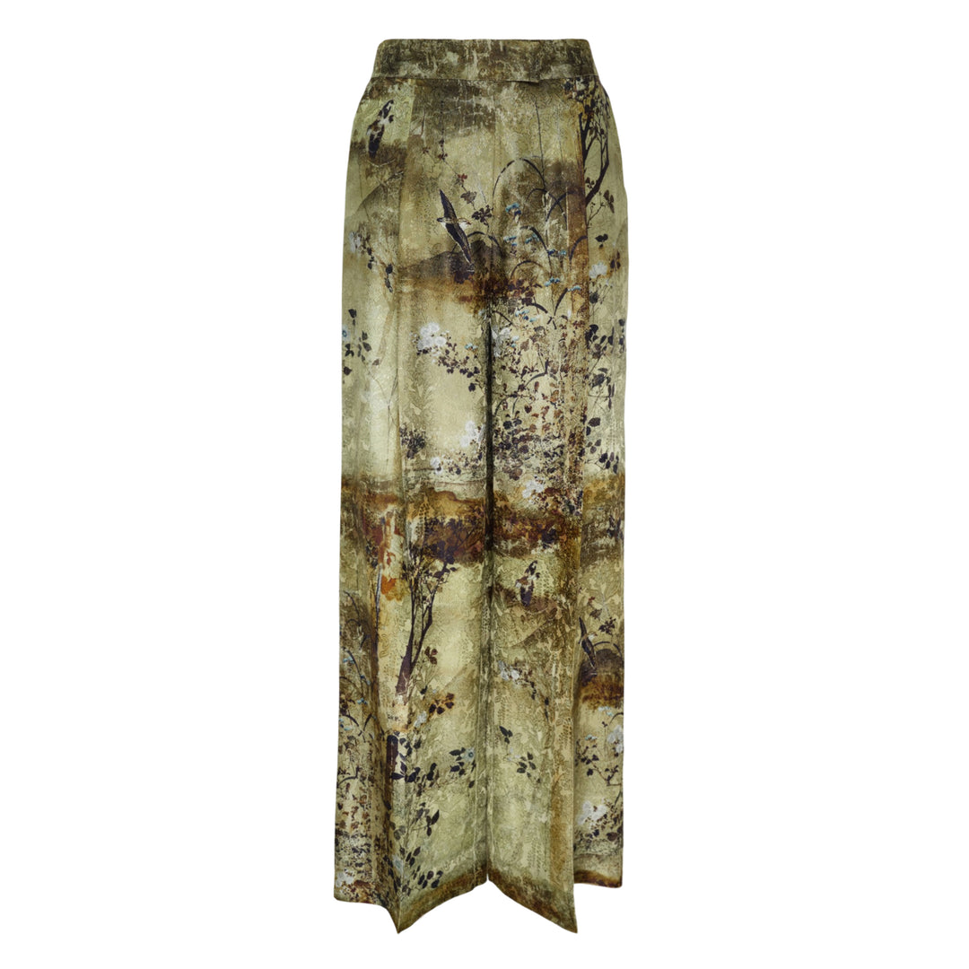 Pierre-Louis Mascia wide-leg trousers in an olive and earth-toned botanical landscape print, featuring a high-rise waistband, front pleats, and a pointed hem