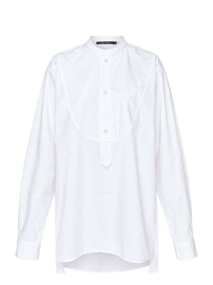 White long sleeve band collar shirt with curved bib front, buttoned half-placket and relaxed silhouette by Sofie D'Hoore