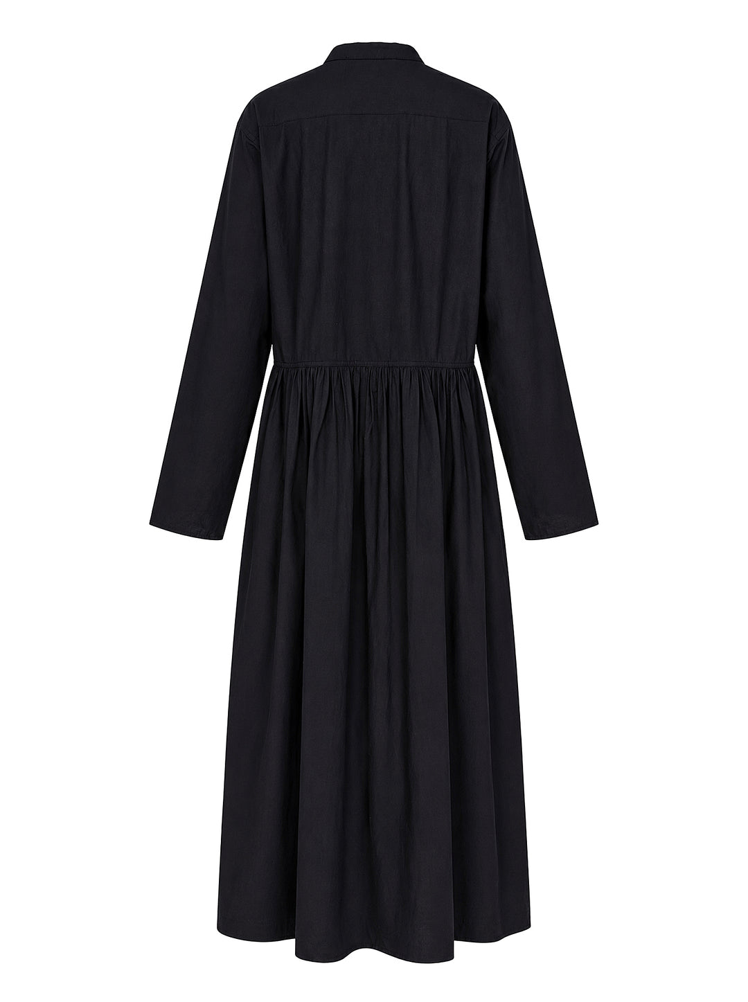 Sofie D'Hoore black long sleeve full length shirt dress with band collar, button placket, chest patch pocket and gathered skirt - view 2