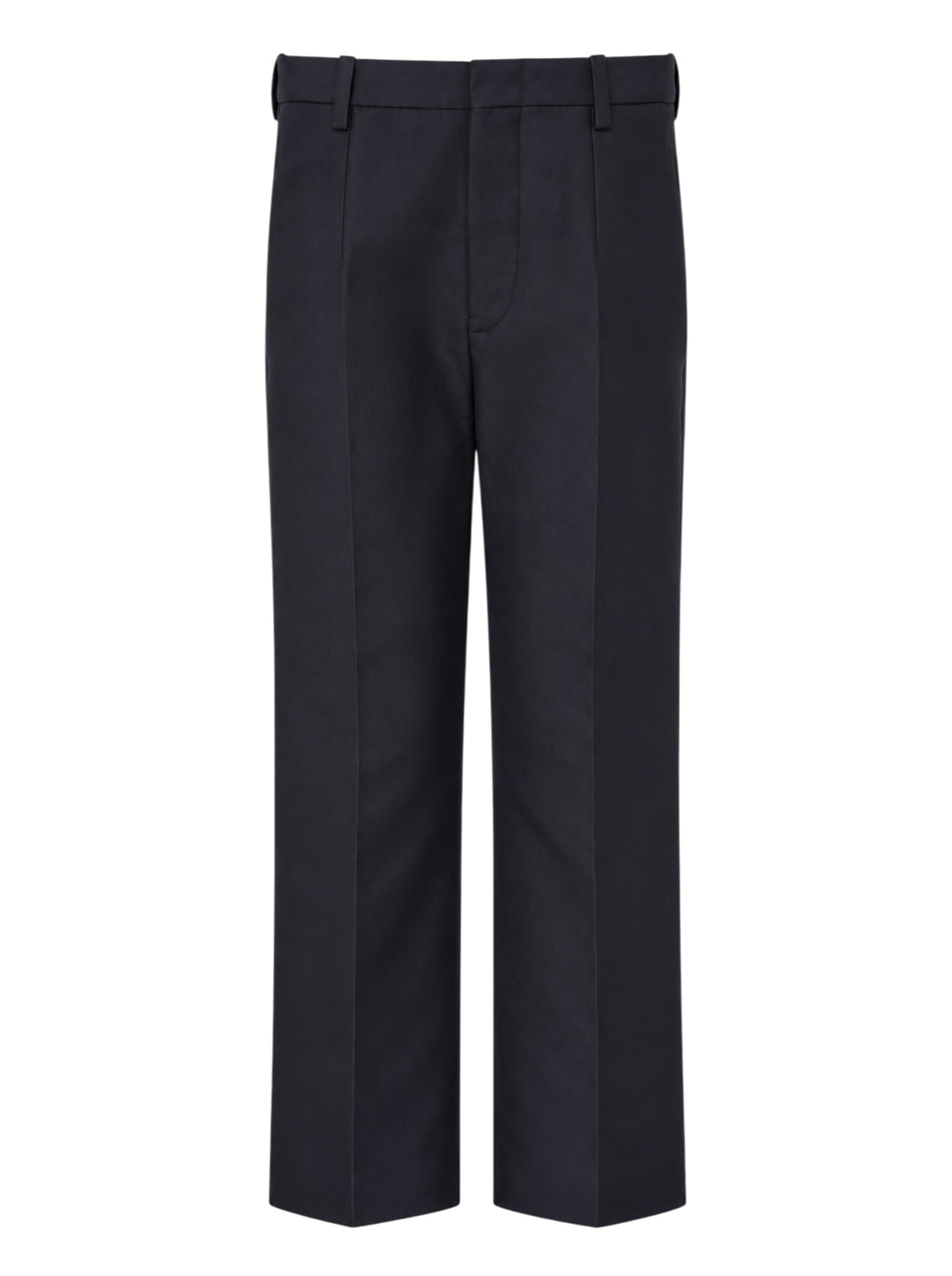 Sofie D'Hoore navy flat front trousers with a pressed centre crease and straight leg, shown from the front