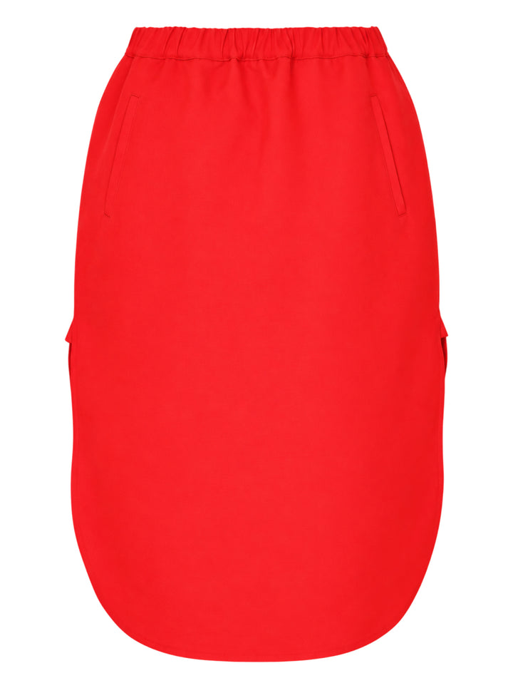 Sofie D'Hoore red midi skirt with elasticated waistband, front welt pockets, side flap detail and curved hem