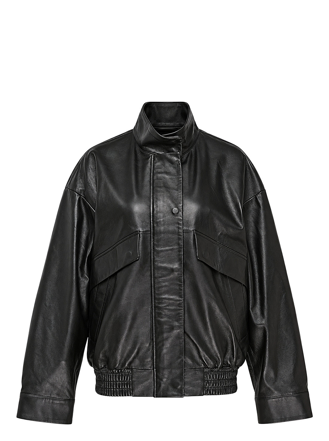 Musée RA oversized black leather bomber jacket with funnel collar, flap pockets and smocked elasticated hem, front view