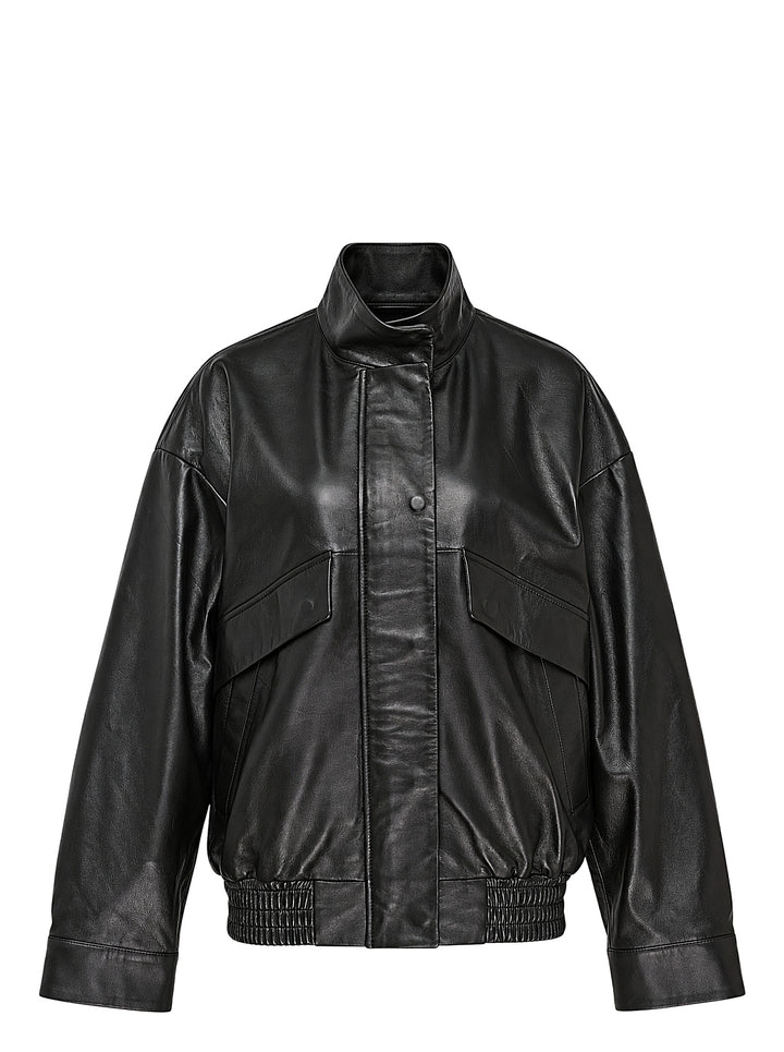 Musée RA oversized black leather bomber jacket with funnel collar, flap pockets and smocked elasticated hem, front view