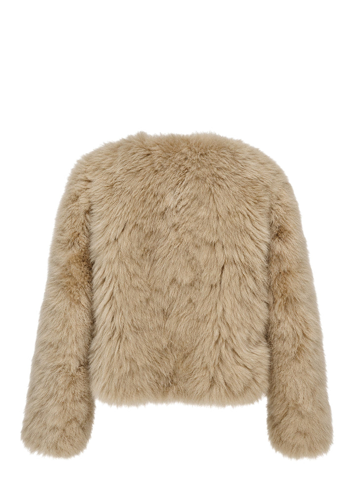MuséeRA cropped faux fur jacket in camel with a collarless round neckline and plush textured pile - view 2