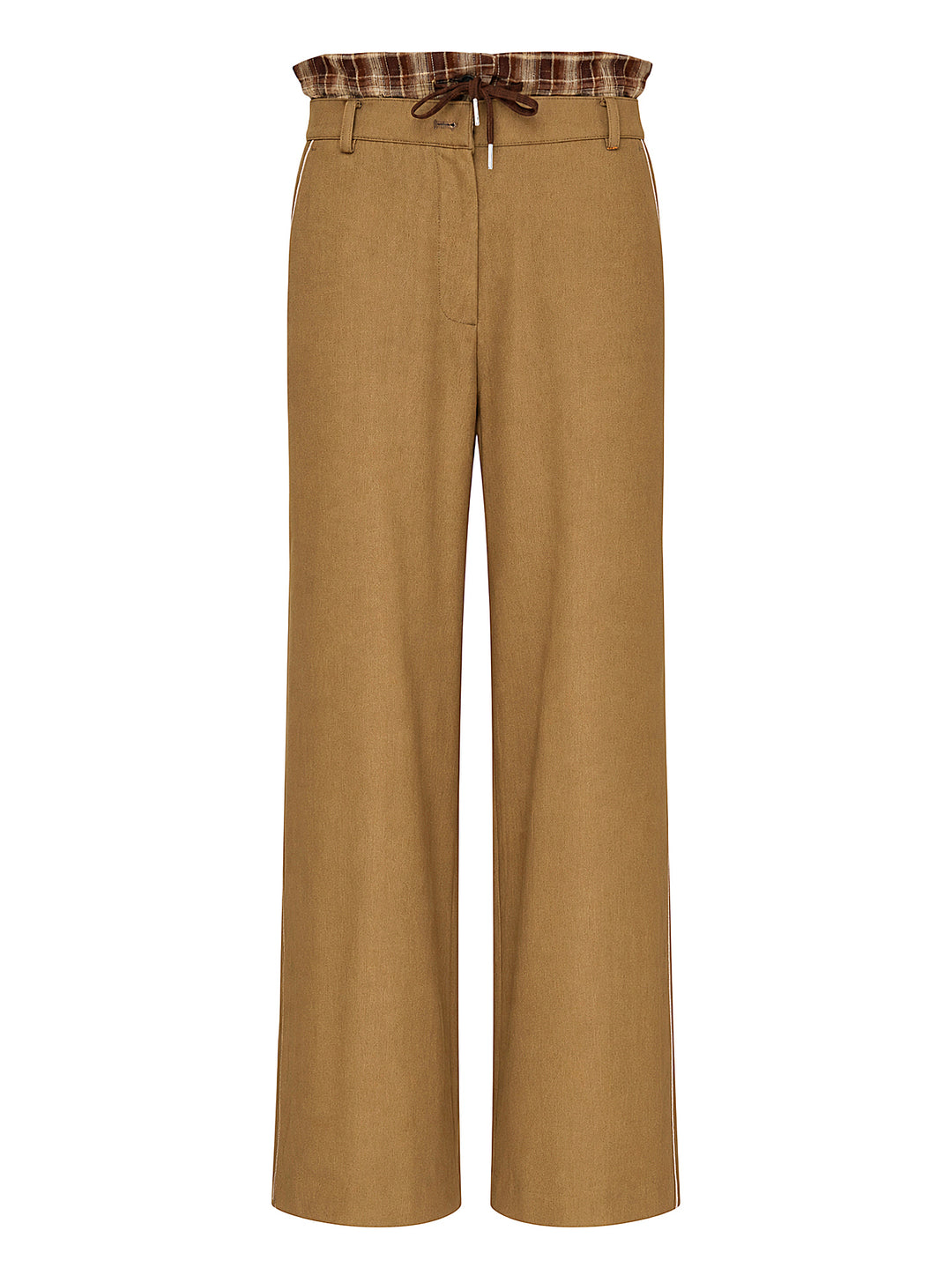 Musée RA camel straight-leg pants with a layered plaid waistband, brown drawstring tie and contrast side piping, shown from the front