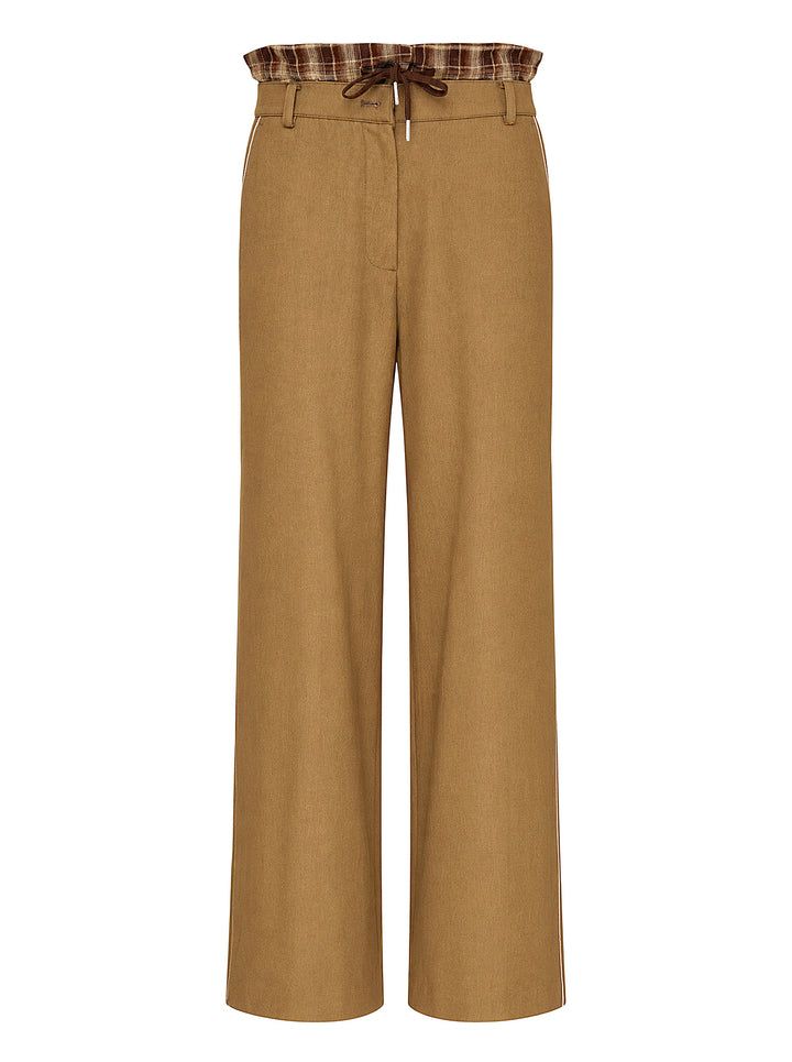 Musée RA camel straight-leg pants with a layered plaid waistband, brown drawstring tie and contrast side piping, shown from the front