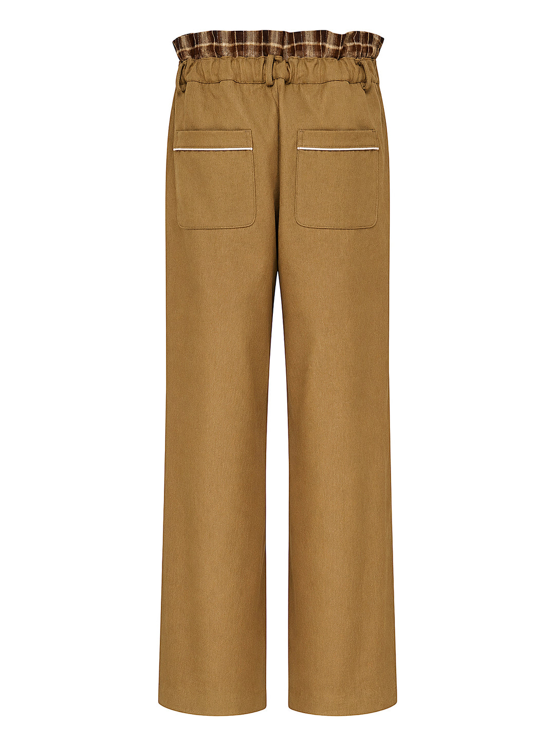 Musée RA camel straight-leg pants with a layered plaid waistband, brown drawstring tie and contrast side piping, shown from the front - view 2