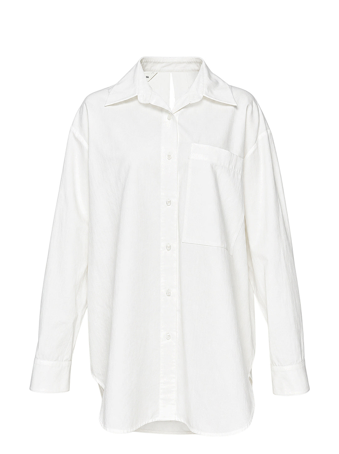 Musée RA white oversized shirt with pointed collar, button placket, chest pocket and open back tie detail, shown from the front