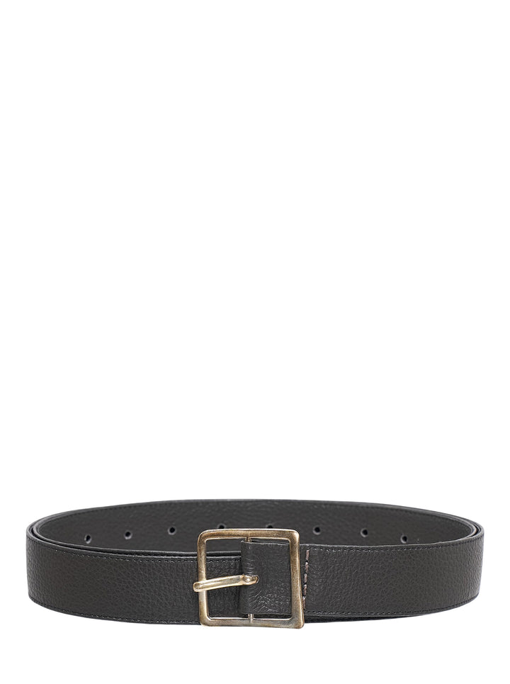 Lauren Manoogian Plata black grained leather belt with antiqued brass square buckle, shown coiled