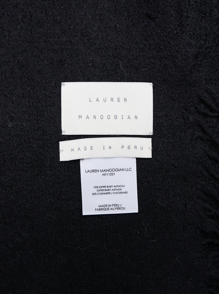 Black soft brushed rectangular scarf with feathered fringe edges, shown flat - view 2