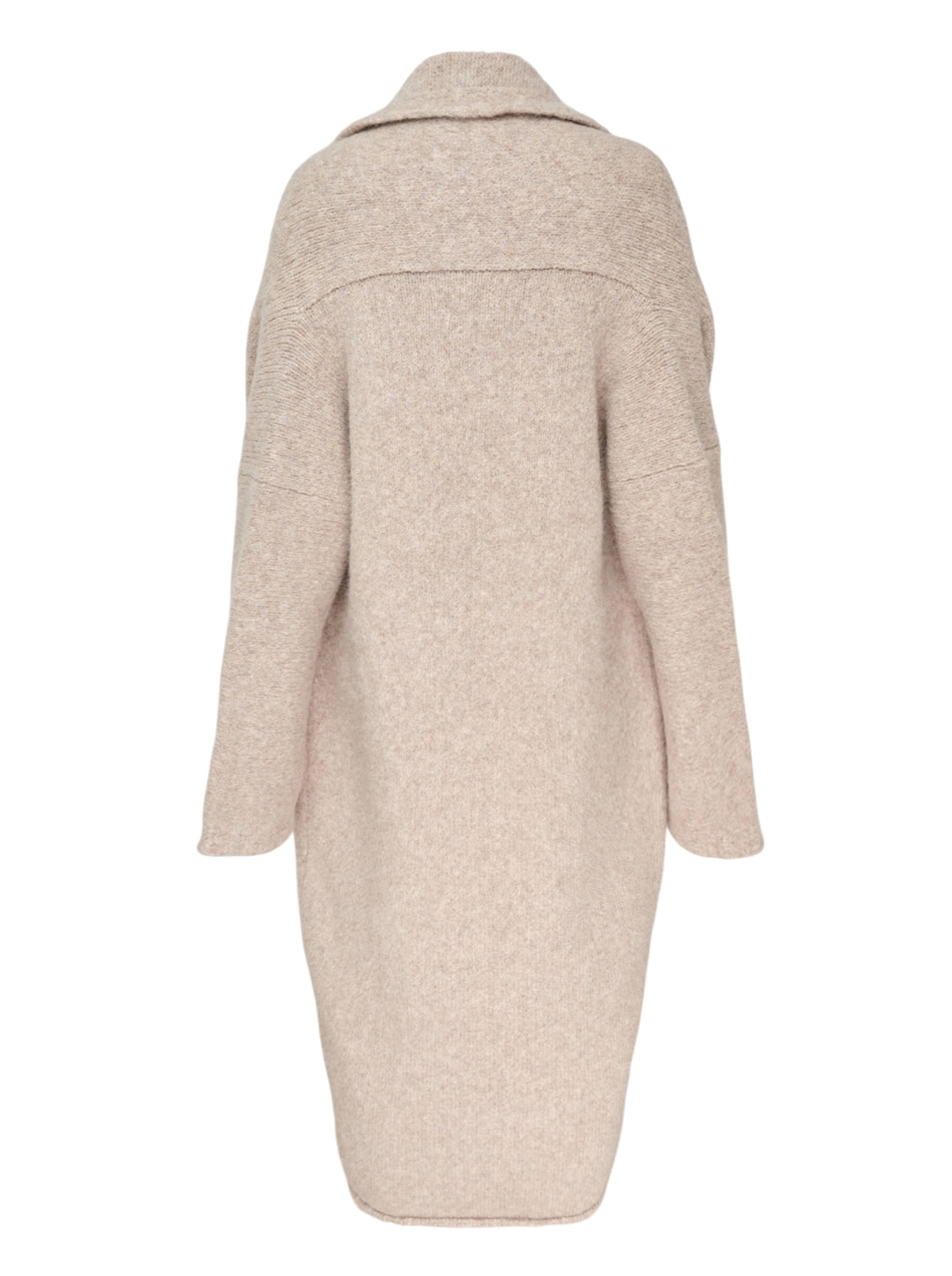 Lauren Manoogian Long Shawl Cardigan in heathered oatmeal, laid flat showing open-front silhouette, wide shawl collar, hip pockets, and woven brand label - view 2