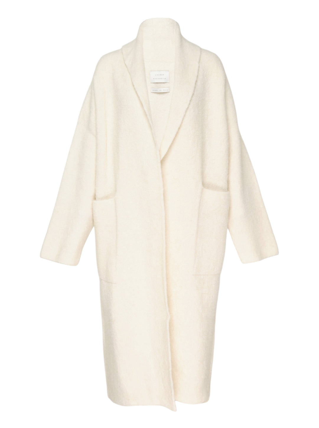 Lauren Manoogian Double Face Long Coat in ivory, displayed flat with shawl collar, dropped shoulders, patch pockets, and open-front silhouette