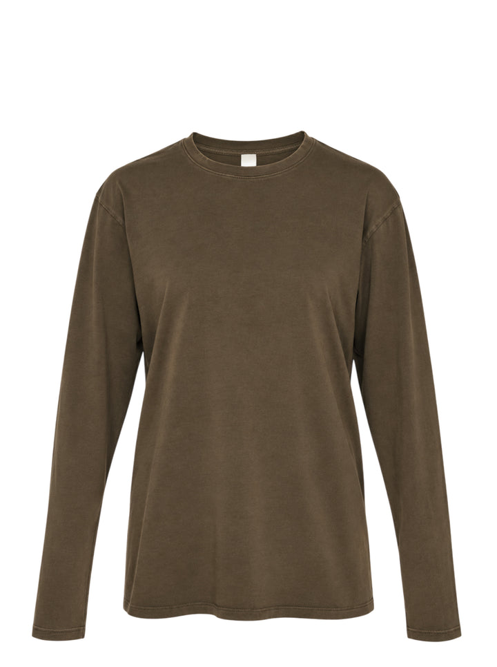 Lauren Manoogian Bias Long Sleeve Tee in washed olive-brown jersey with crewneck and dropped shoulders, front view