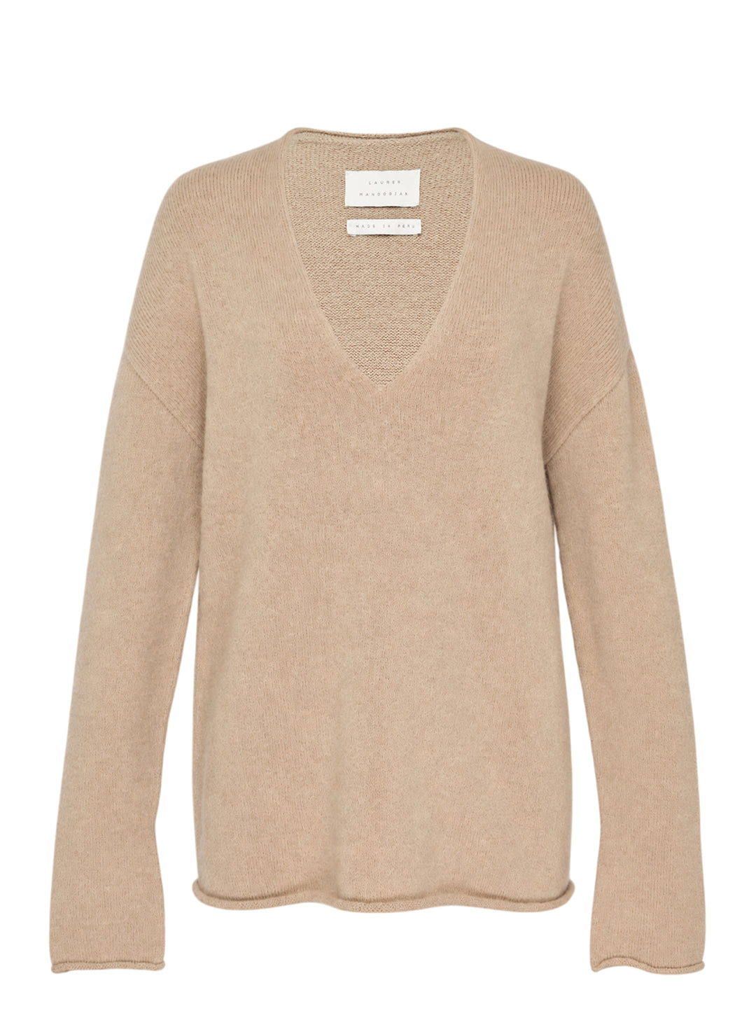 Lauren Manoogian Soft V Neck Sweater in camel, an oversized long-sleeve knit with a deep V neckline and rolled hem, shown flat from the front