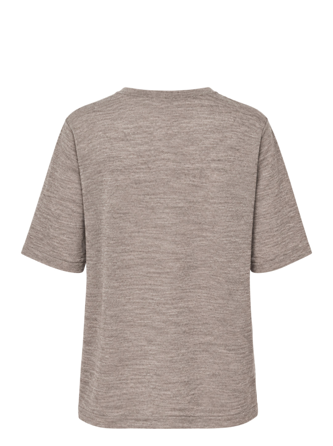 Lauren Manoogian Fine Henley knit top in heathered taupe with short sleeves, a round neck, and a partial button placket, shown flat on a white background - view 2