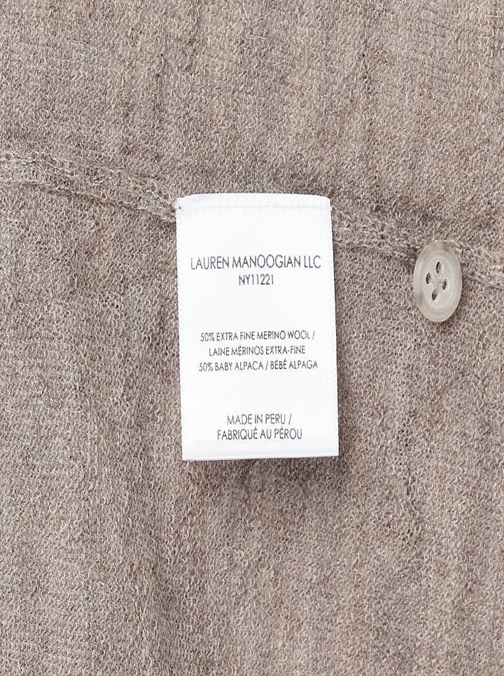 Lauren Manoogian Fine Henley knit top in heathered taupe with short sleeves, a round neck, and a partial button placket, shown flat on a white background - view 3