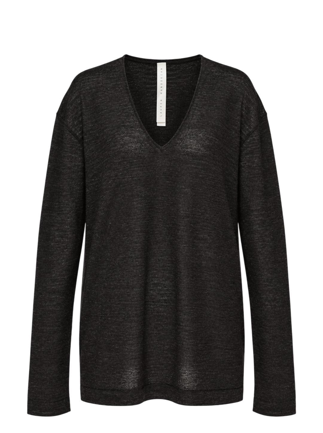 Lauren Manoogian Fine Low V-Neck Sweater in charcoal, featuring a deep V-neckline, oversized relaxed silhouette, dropped shoulders, and long sleeves, shown flat on a white background