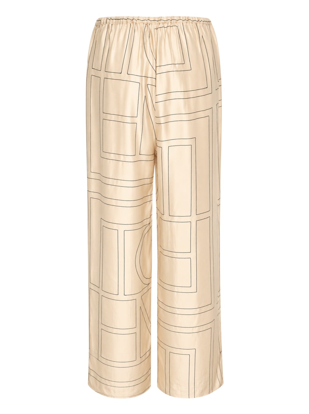 Totême Monogram Silk Pyjama Pants in champagne beige, featuring an all-over geometric monogram outline print, wide-leg silhouette, and elasticated waistband, displayed flat on a white background - view 2