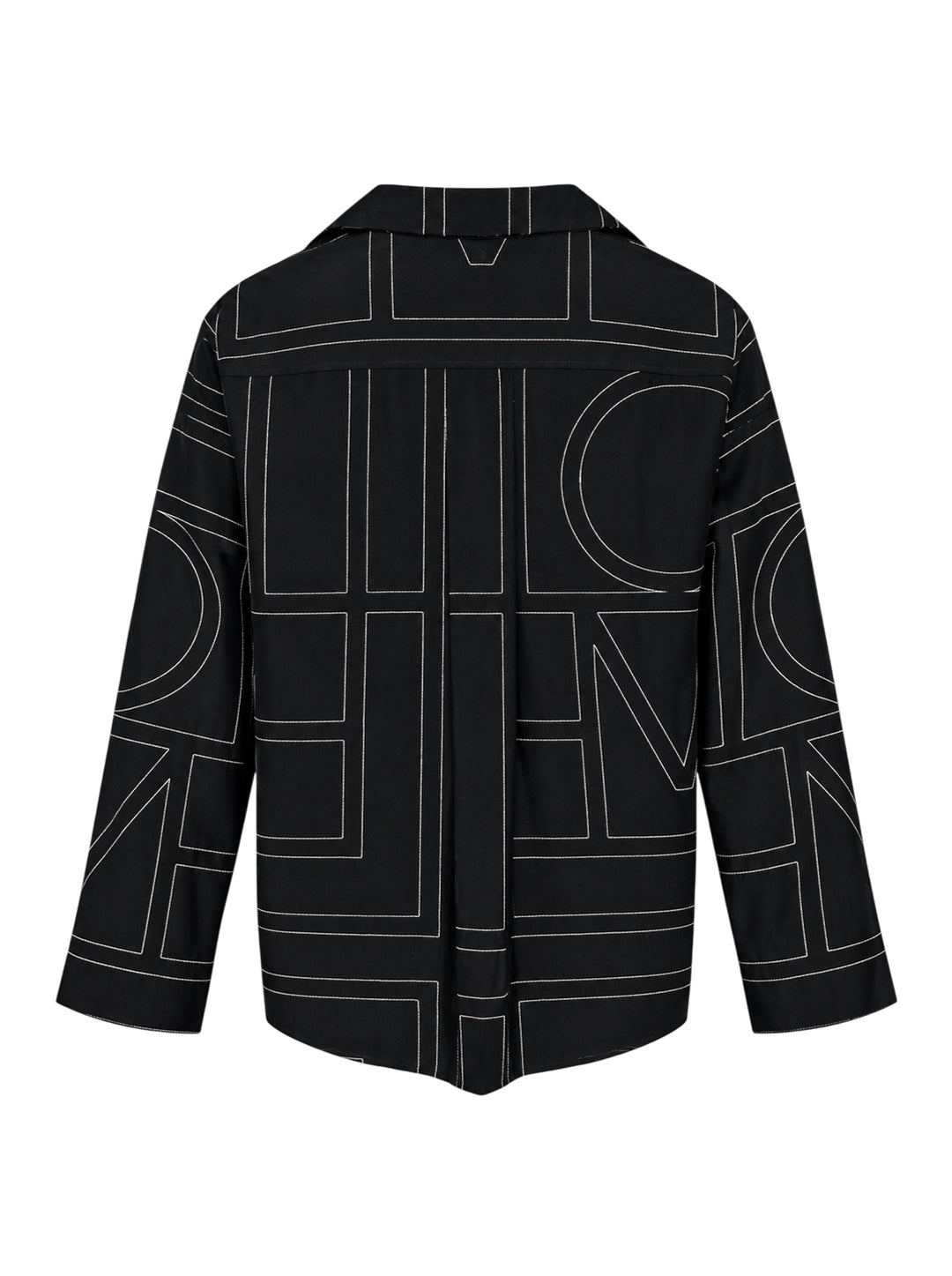 Totême Monogram Silk Pyjama Top in black, featuring all-over contrast-stitched monogram print, camp collar, partial button placket, and relaxed long-sleeve silhouette - view 2