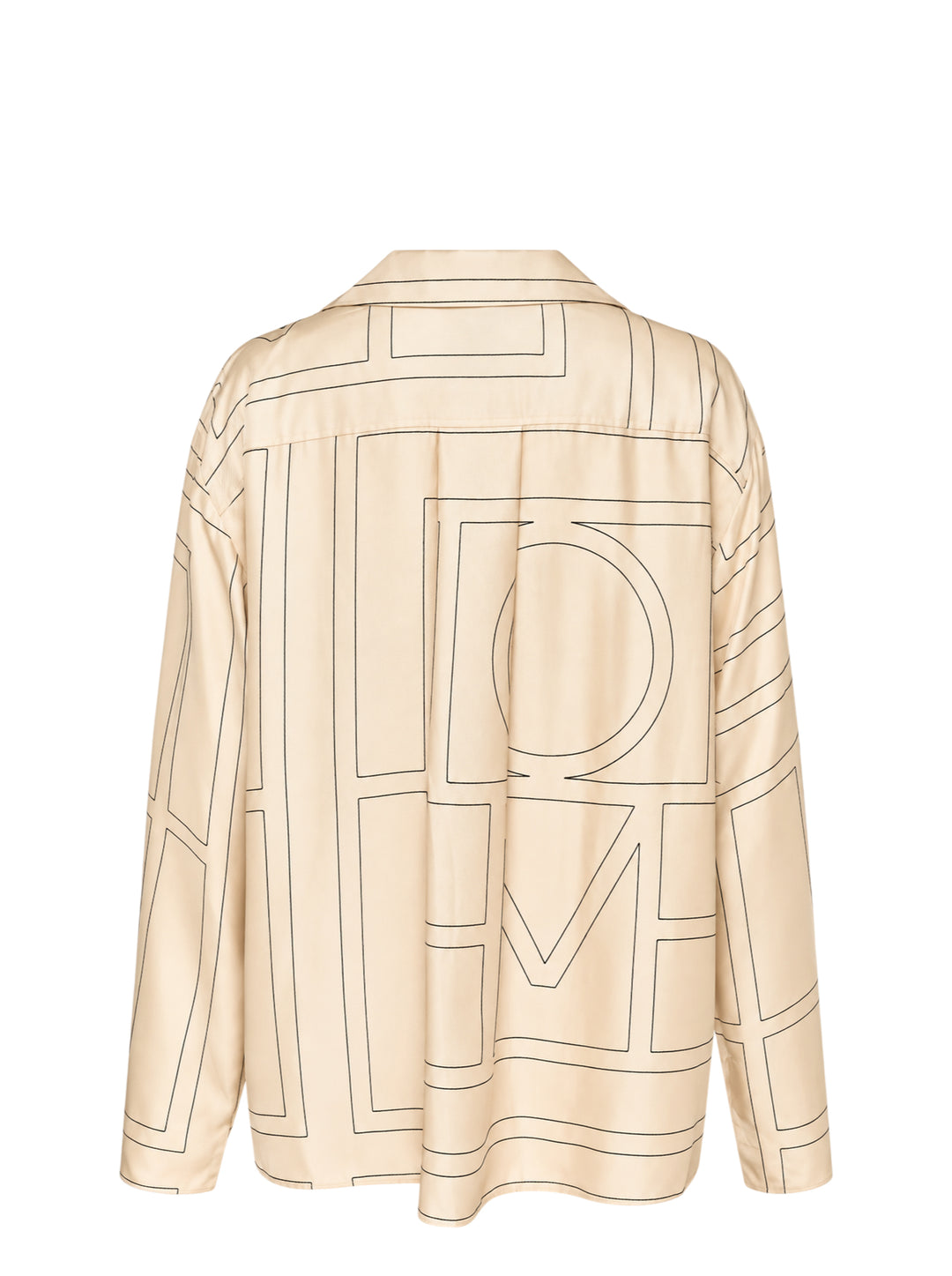 Totême Monogram Silk Pyjama Top in cream with dark outlined oversized logo lettering, notched lapel collar, button-through front, and long sleeves - view 2