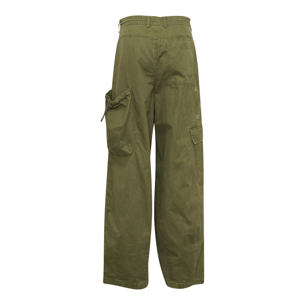 Fritur Kyoto Cargo Pants in washed olive green with wide-leg fit, flap cargo pockets, drawstring waistband, and embroidered star details - view 2