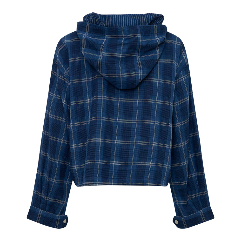Fritur Check Hooded Shirt in navy and white windowpane plaid, featuring a drawstring hood, button-front fastening, cropped hem with drawstring, and wide-cuff long sleeves - view 2