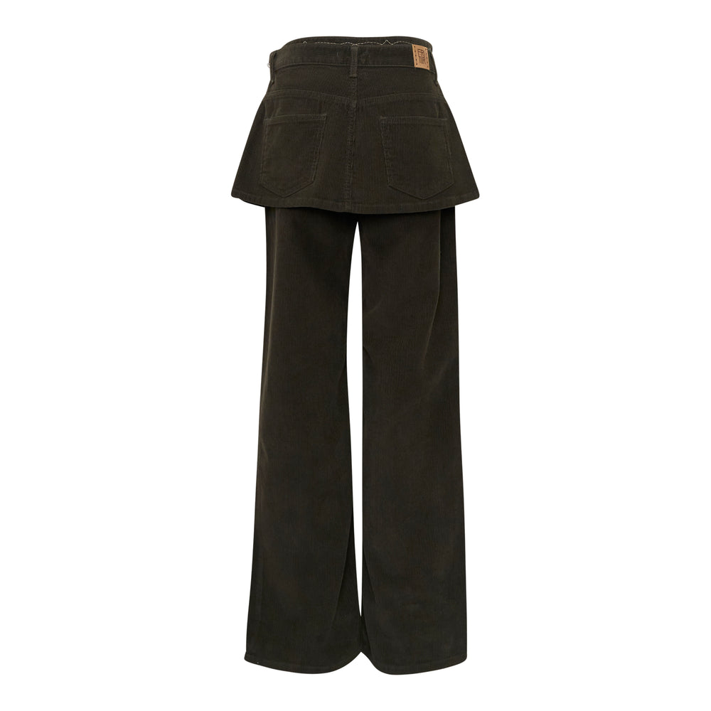 Fritur Layered Corduroy Pants in dark olive, featuring a wide-leg silhouette with a deconstructed skirt overlay, raw-edge detailing, and silver-tone hardware on the waistband - view 2
