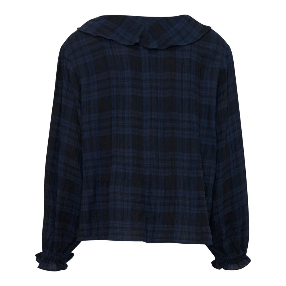 Fritur Vivi Frill Blouse in navy and black plaid with cascading front ruffle trim, ruffled collar, and elasticated cuffs, flat lay on white background - view 2