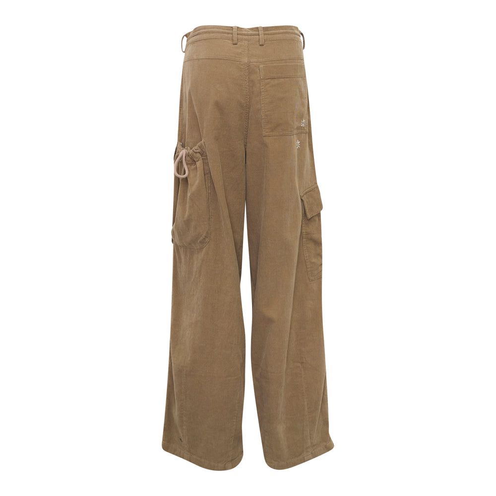 Fritur Kyoto Cargo Pants in khaki tan, wide-leg silhouette with flap cargo pockets and a contrast drawstring waistband, front view on white background - view 2