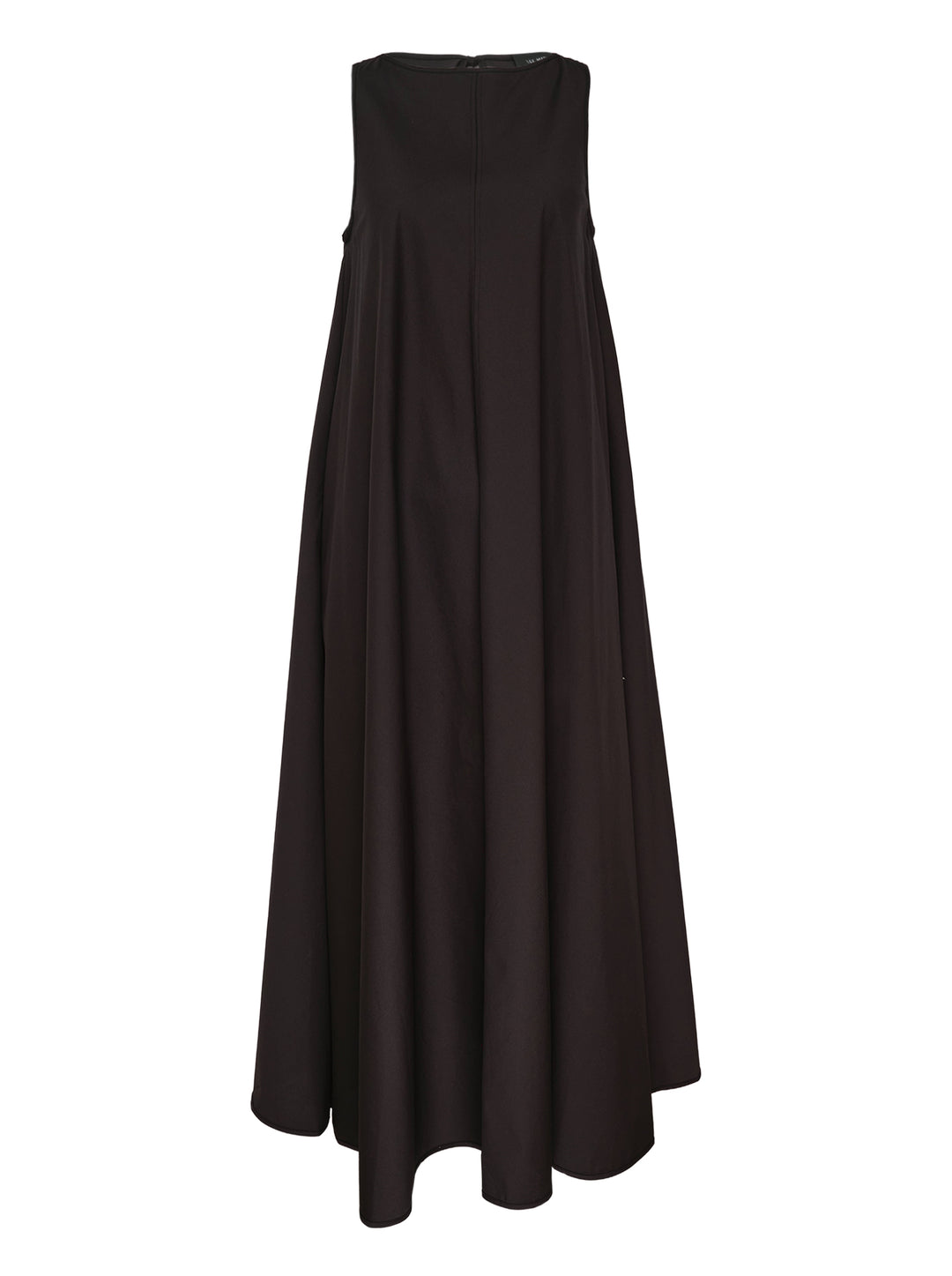 Lee Mathews Balfour A-Line sleeveless maxi dress in black, shown from the back, with a structured fitted bodice and dramatically flared voluminous skirt