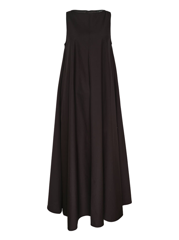 Lee Mathews Balfour A-Line sleeveless maxi dress in black, shown from the back, with a structured fitted bodice and dramatically flared voluminous skirt