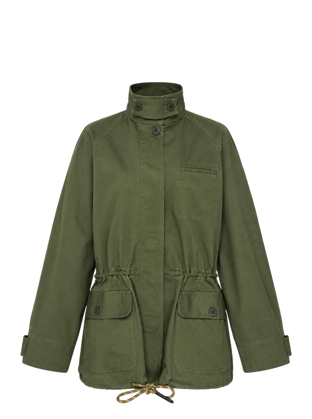 Lee Mathews Harper Drill Utility Jacket in washed khaki cotton drill, featuring a stand collar, button-through placket, drawstring waist, and large flap hip pockets