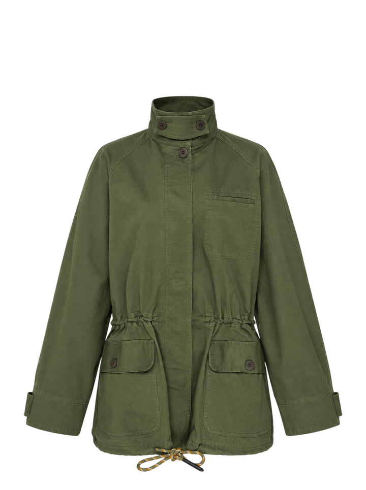 Lee Mathews Harper Drill Utility Jacket in washed khaki cotton drill, featuring a stand collar, button-through placket, drawstring waist, and large flap hip pockets