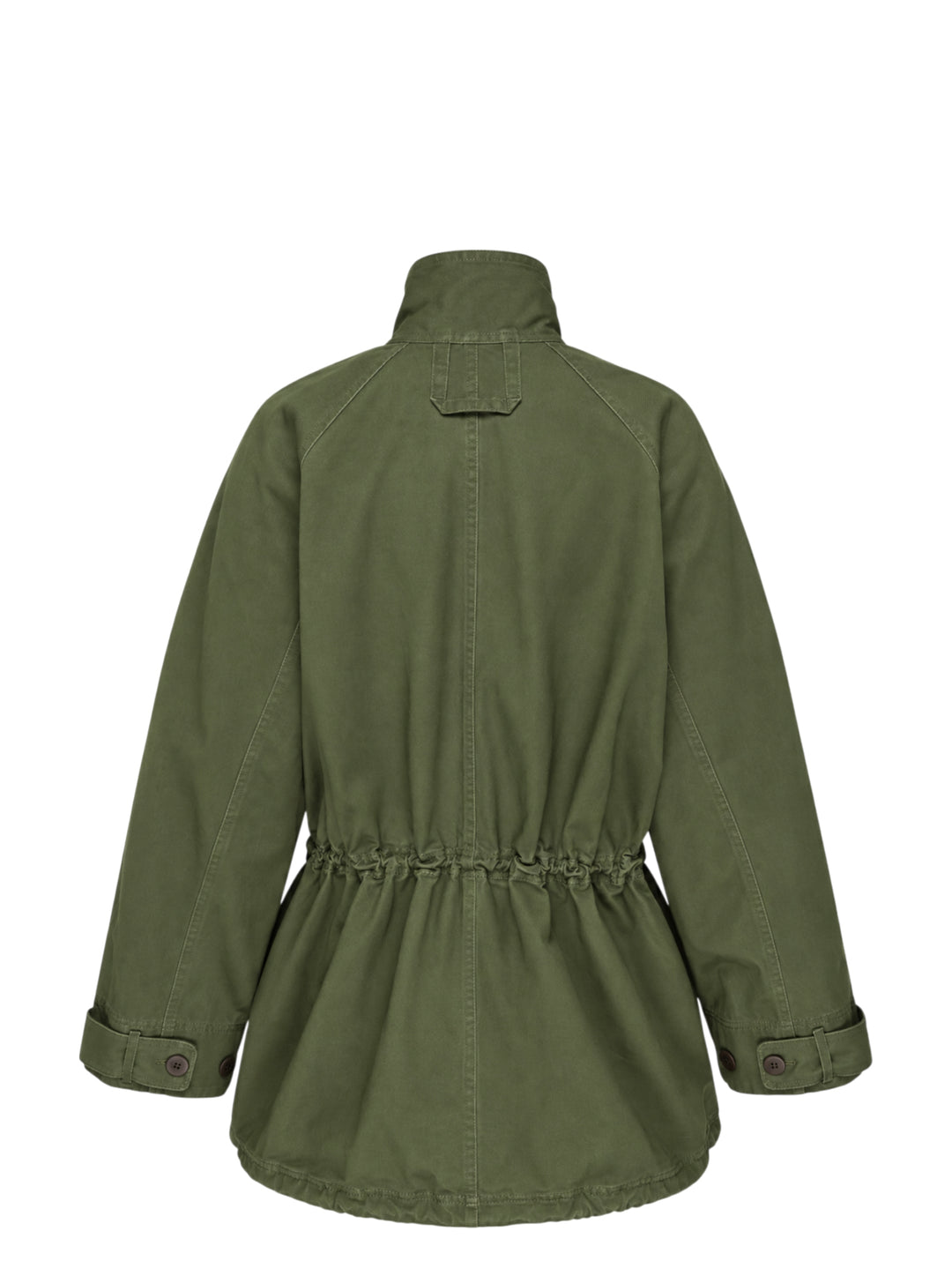 Lee Mathews Harper Drill Utility Jacket in washed khaki cotton drill, featuring a stand collar, button-through placket, drawstring waist, and large flap hip pockets - view 2