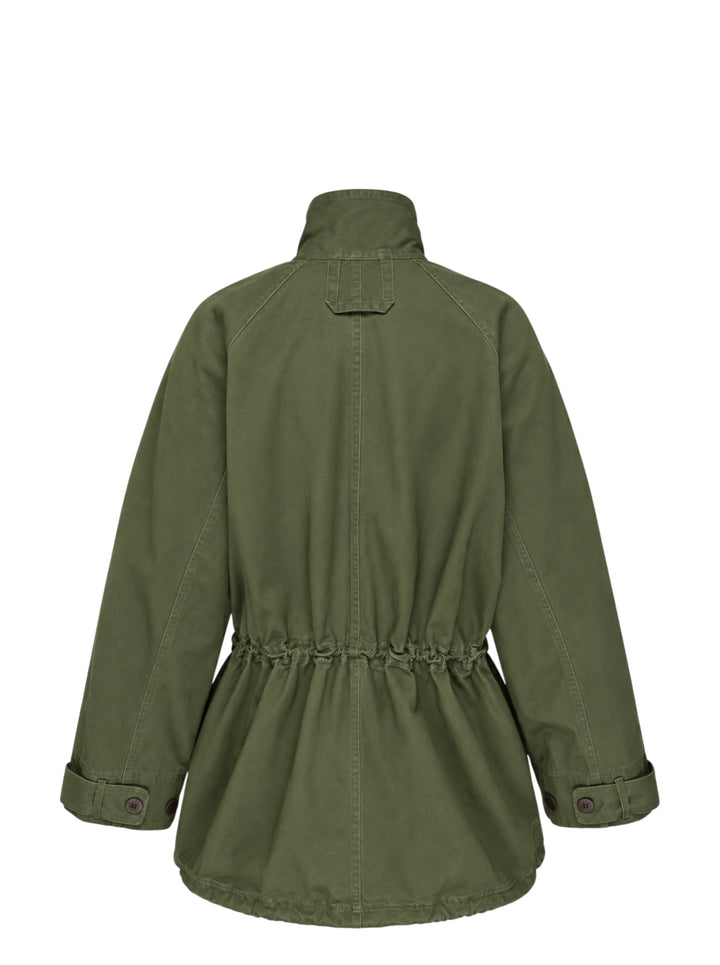 Lee Mathews Harper Drill Utility Jacket in washed khaki cotton drill, featuring a stand collar, button-through placket, drawstring waist, and large flap hip pockets - view 2
