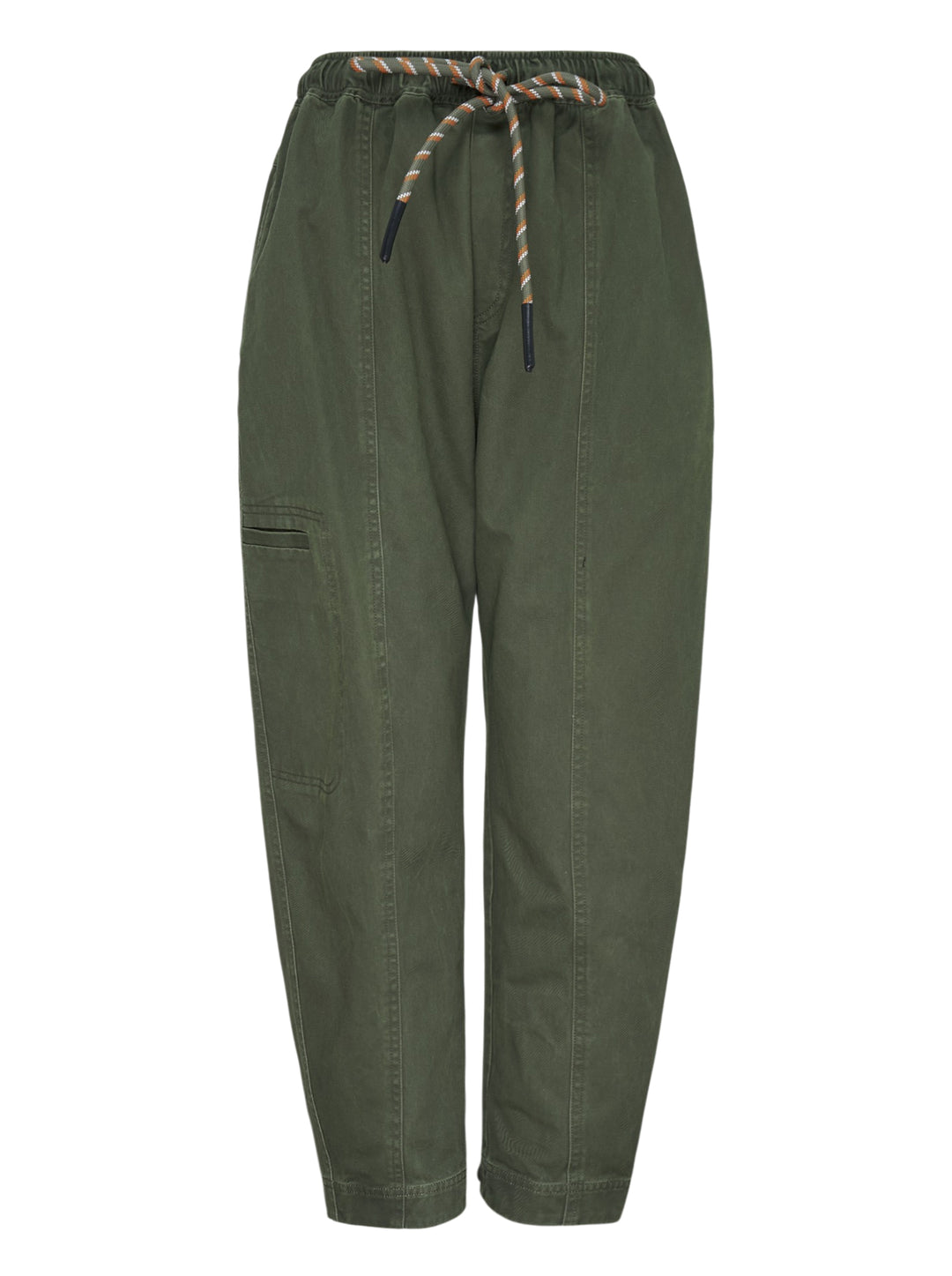 Lee Mathews Harper Drill Pants in khaki cotton drill with a multicolour braided rope drawstring waist, tapered cropped leg, and a thigh cargo pocket