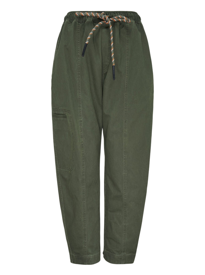 Lee Mathews Harper Drill Pants in khaki cotton drill with a multicolour braided rope drawstring waist, tapered cropped leg, and a thigh cargo pocket