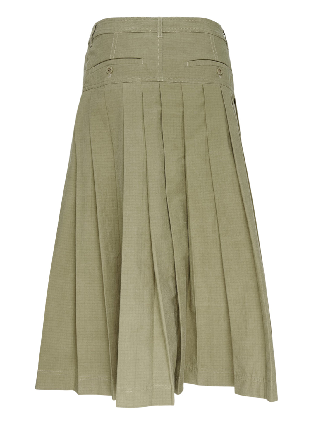 Lee Mathews Cecil Cotton Wrap Skirt in olive khaki, featuring a structured yoke, deep box pleats, button tab waistband, and midi length, photographed on a white background - view 2