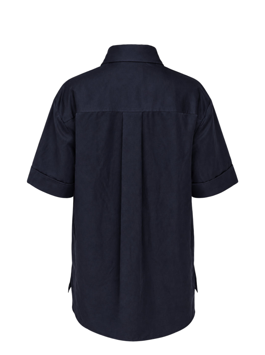Lee Mathews Powell Short Sleeve Shirt in navy, featuring press-stud closure, turned-back cuffs, pointed collar, and a tonal chest pocket - view 2