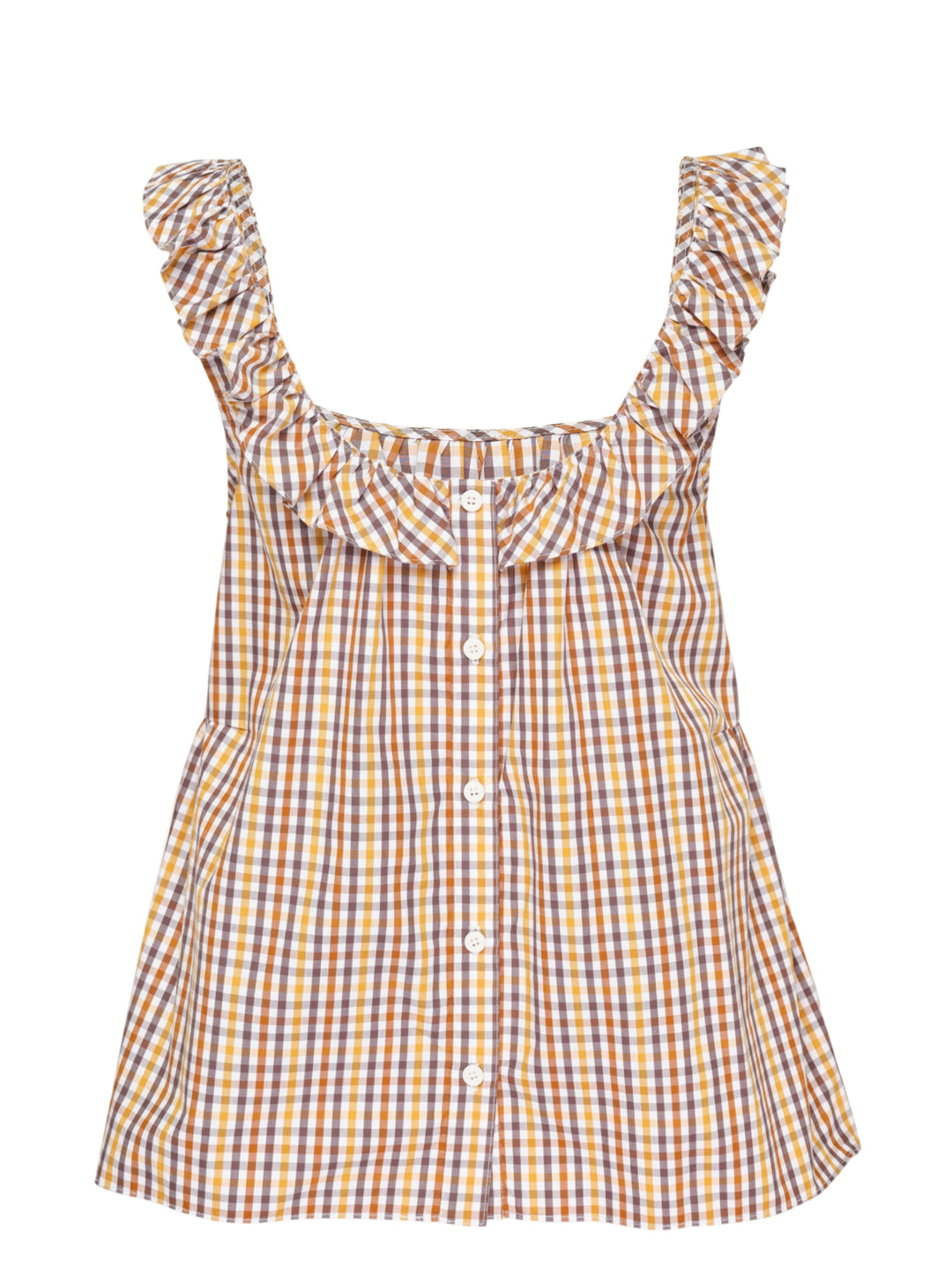 Lee Mathews Christie Poplin Check Top in an amber and brown gingham print, featuring a ruffled neckline and shoulder straps with a relaxed A-line silhouette, photographed flat on a white background - view 2