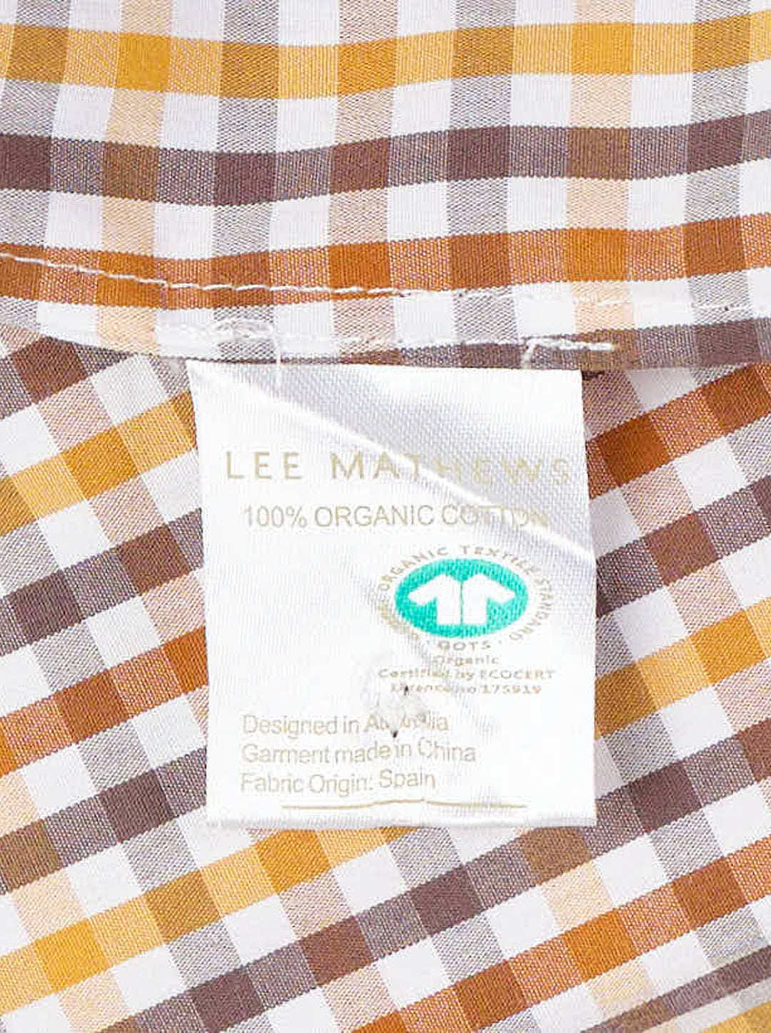 Lee Mathews Christie Poplin Check Top in an amber and brown gingham print, featuring a ruffled neckline and shoulder straps with a relaxed A-line silhouette, photographed flat on a white background - view 3