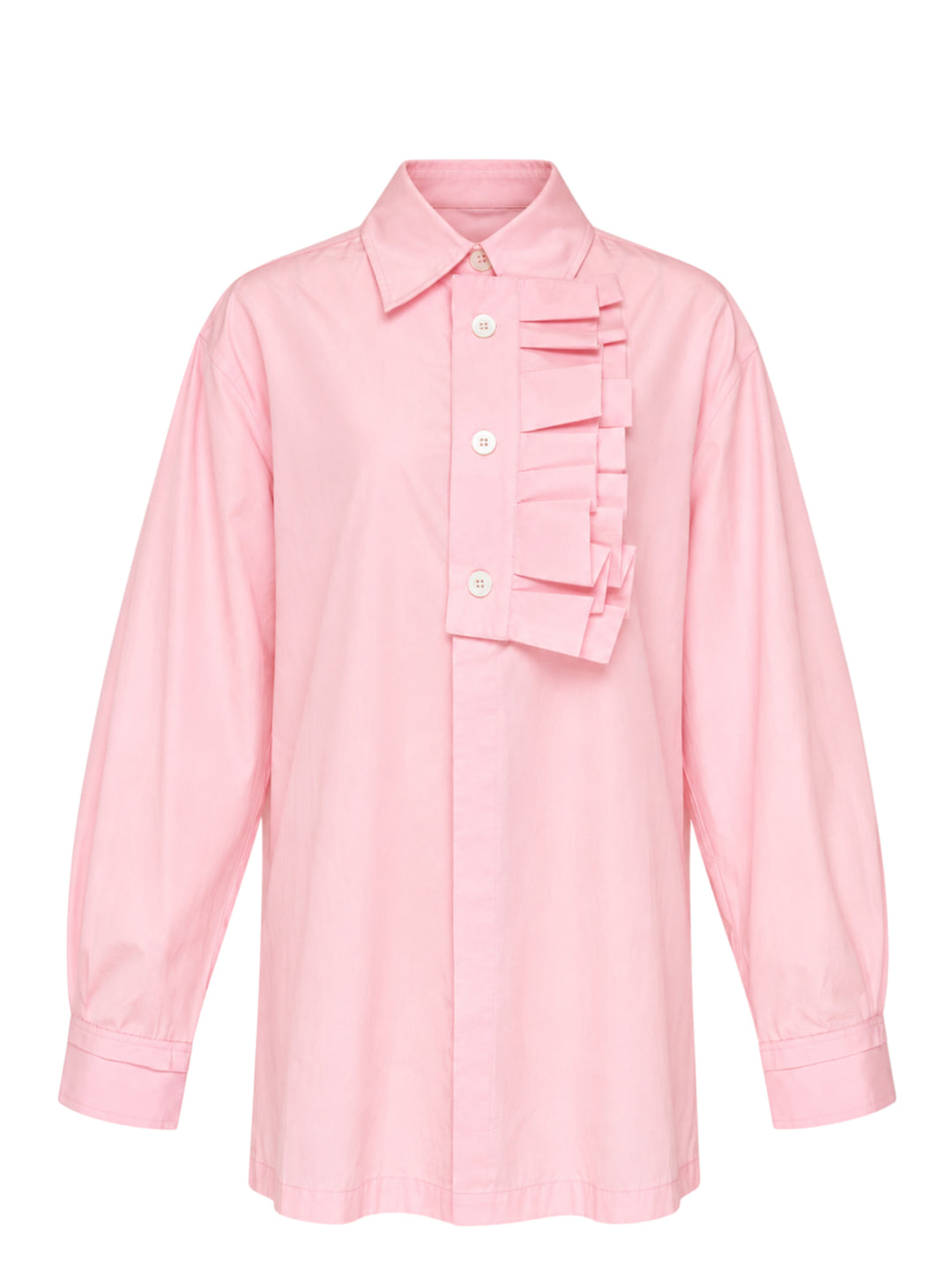 Lee Mathews Nina Long Sleeve Shirt in blush pink, featuring a cascading ruffle jabot along the button placket, point collar, mother-of-pearl buttons, and double-button cuffs