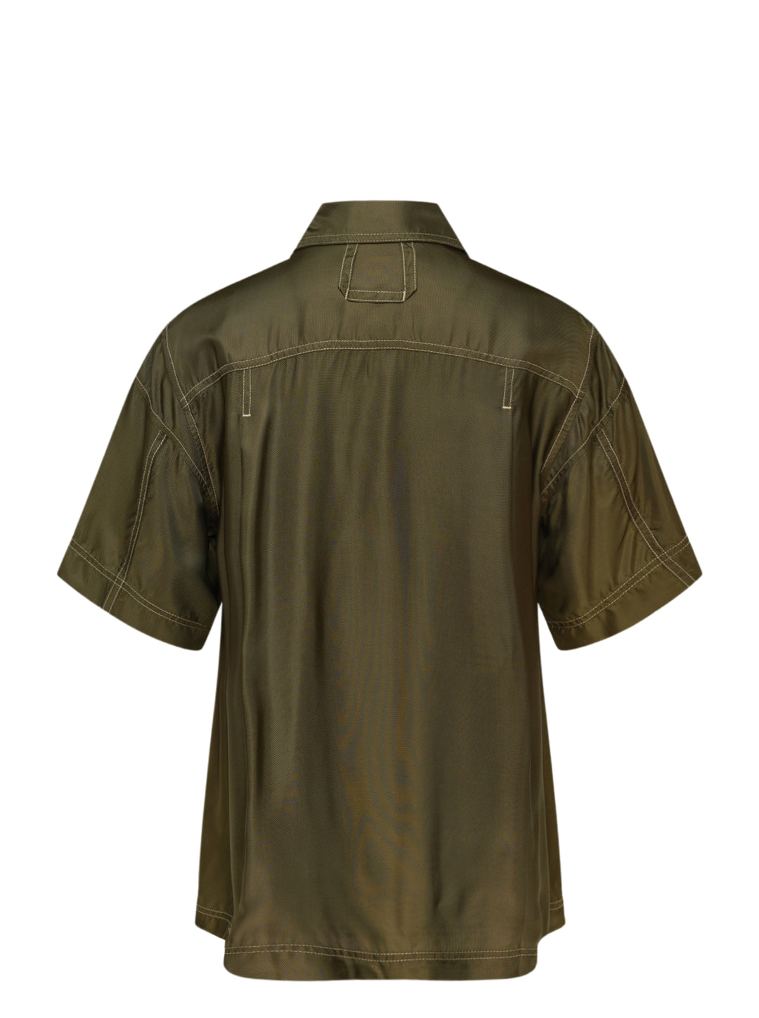 Lee Mathews Sloane Short Sleeve Shirt in olive green with white contrast topstitching, two patch chest pockets, and button-through front placket, displayed flat on white background - view 2