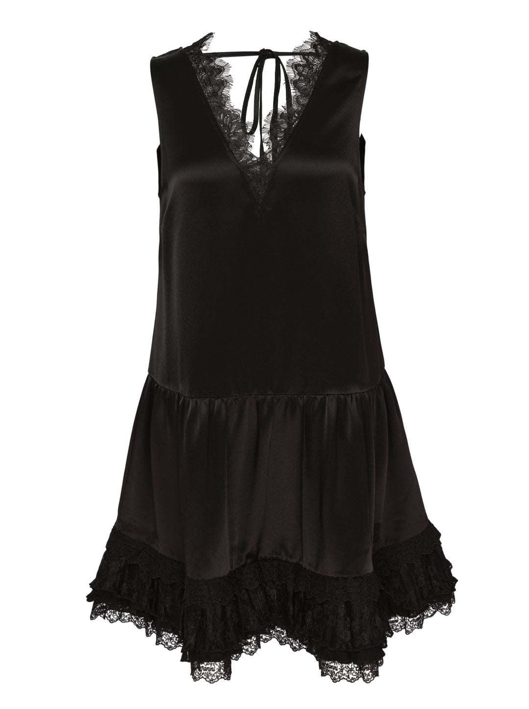GANNI black fluid satin sleeveless mini dress with lace-trimmed V-neckline, tie back detail and tiered pleated lace ruffle hem